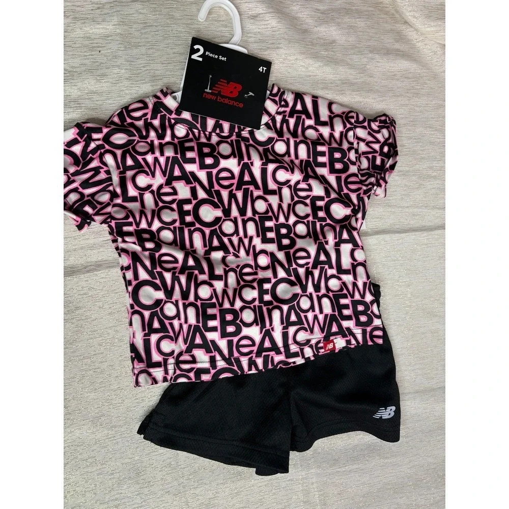 NWT New Balance Girls T-Shirt & Shorts Set Black Pink 4t set